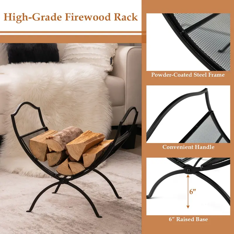 19-Inch Portable Folding Firewood Rack – Sturdy Steel Fireplace Log Carrier