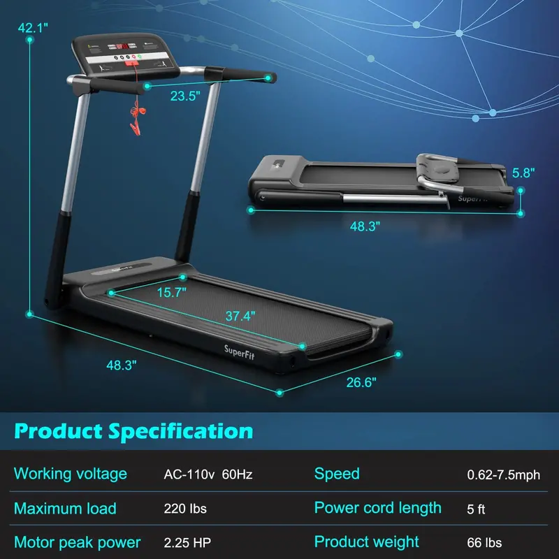 2.25 HP Compact Folding Treadmill – Superfit Model with LED Display & Smart App Control