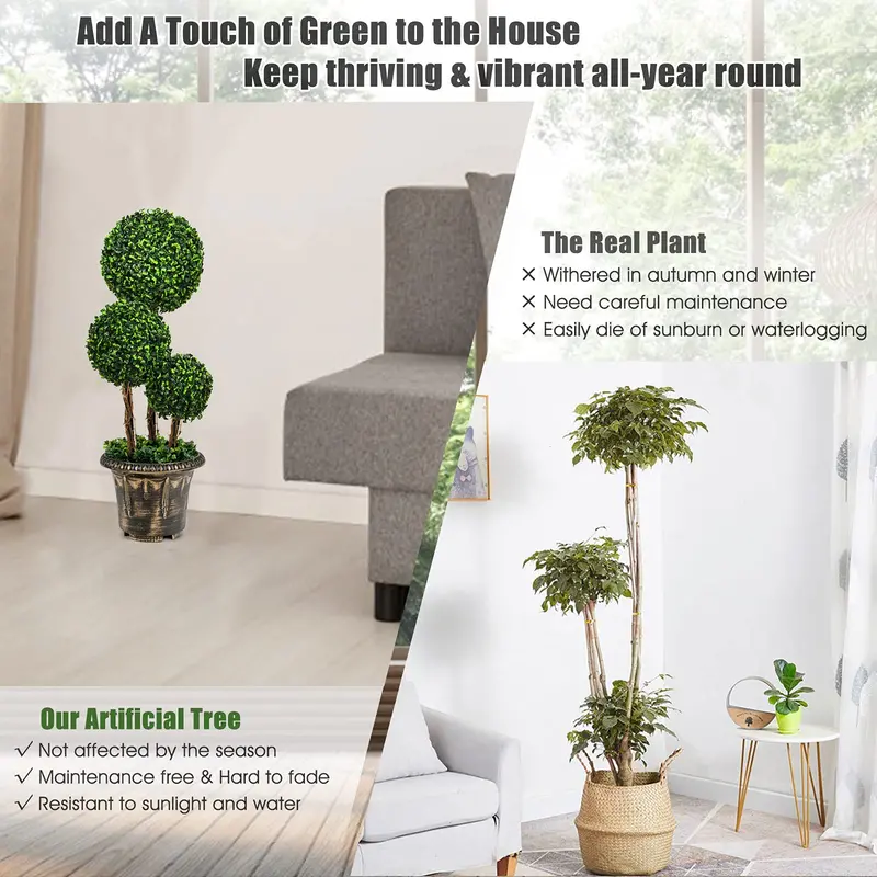 2.5-Foot or 3-Foot Triple-Ball Artificial Boxwood Topiary Tree for Decorative Use