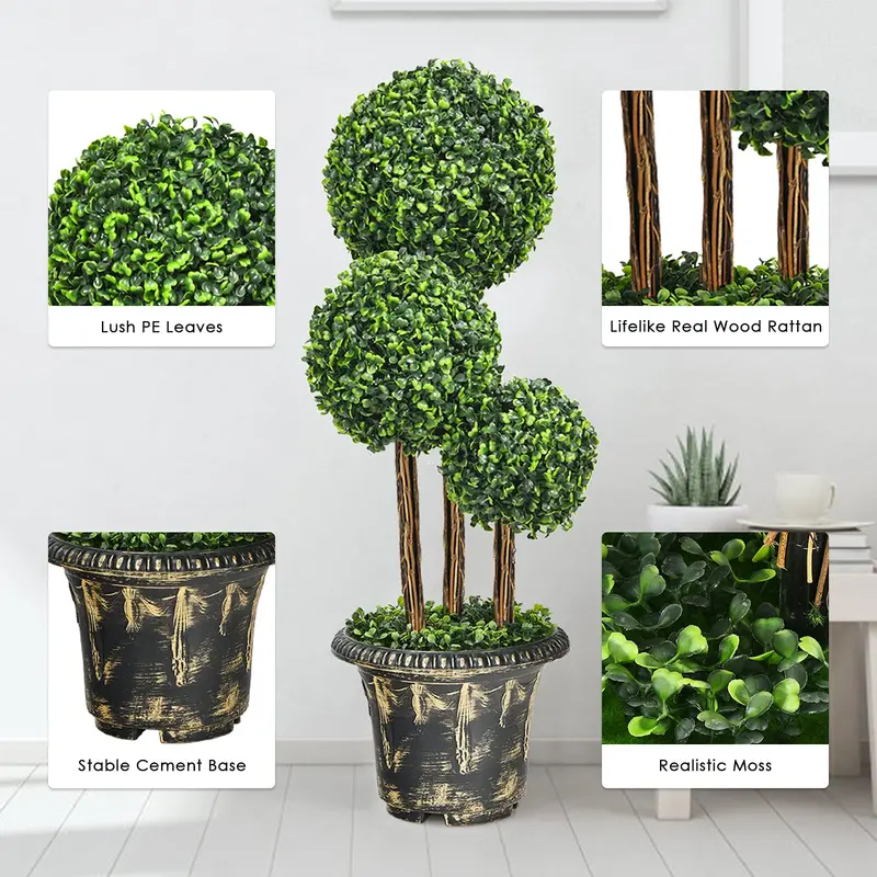 2.5-Foot or 3-Foot Triple-Ball Artificial Boxwood Topiary Tree for Decorative Use