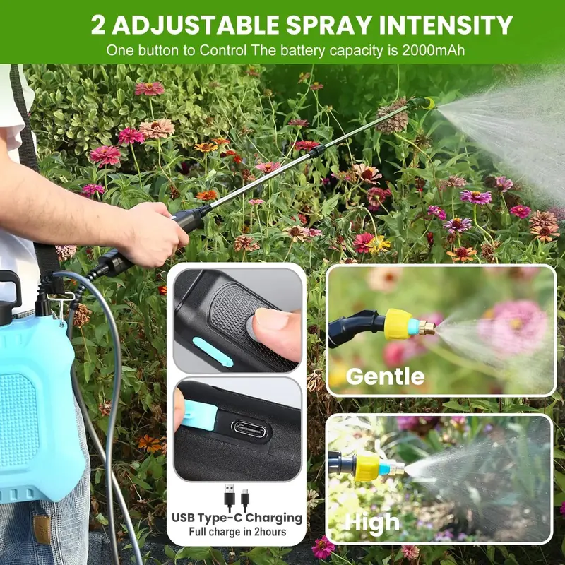 2-Gallon Retractable-Wand Electric Garden Sprayer – 4 Adjustable Nozzles, USB-Rechargeable with 2000mAh Battery