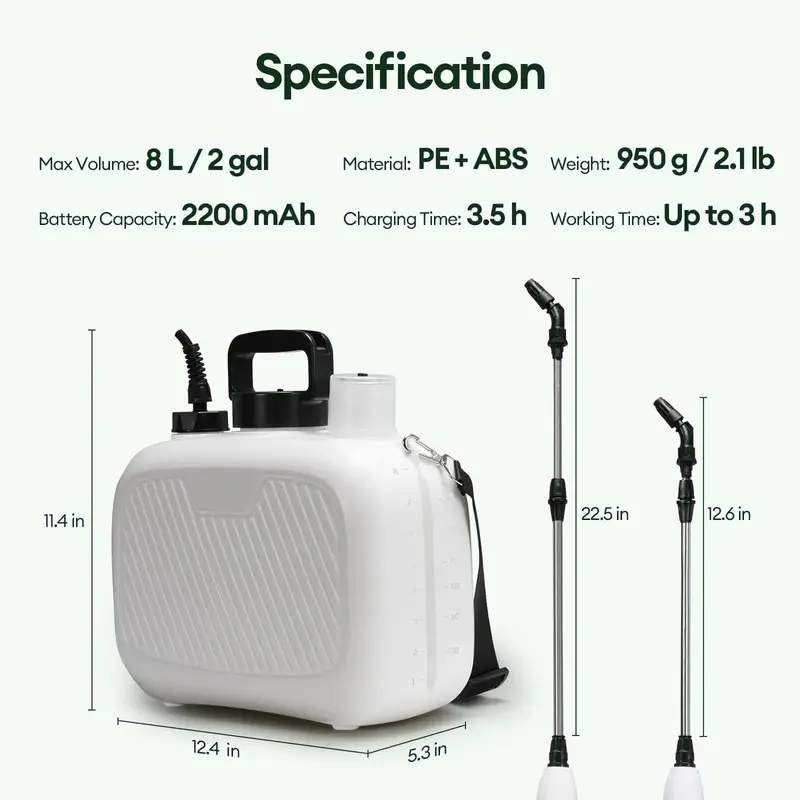 2-Gallon USB-Rechargeable Electric Garden Sprayer – Ergonomic Design with 3 Spray Nozzles and 2200mAh Battery