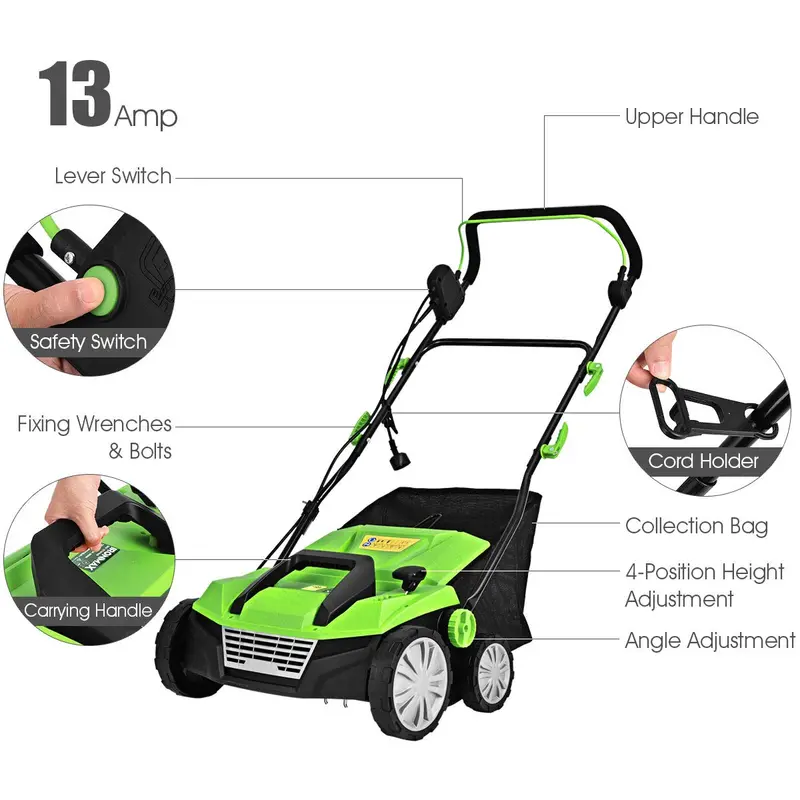 2-in-1 Corded Lawn Dethatcher with Four Adjustable Cutting Depths for Effective Thatch Removal