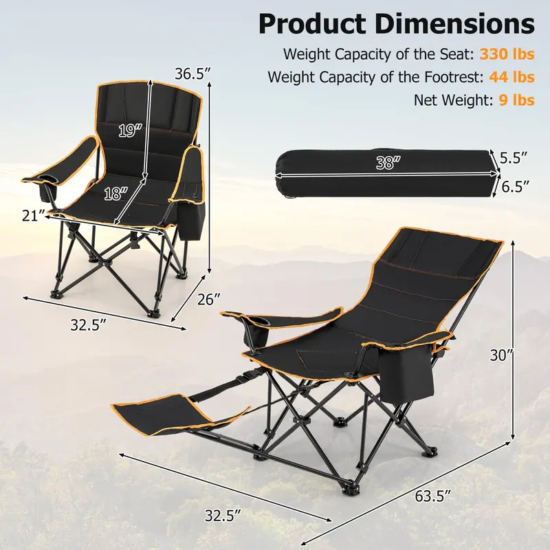 2-in-1 Reclining Camping Chair – Detachable Footrest, 5-Position Back Support & Built-In Cup Holder