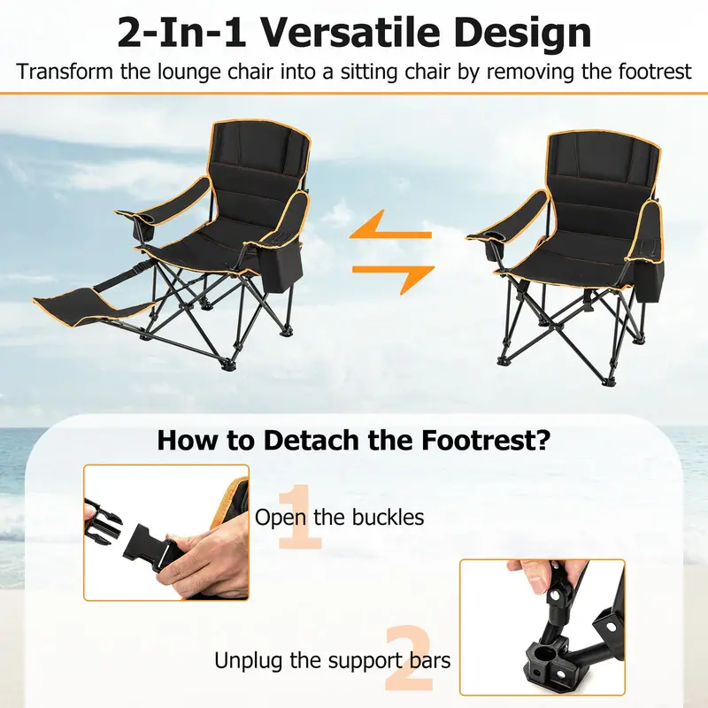 2-in-1 Reclining Camping Chair – Detachable Footrest, 5-Position Back Support & Built-In Cup Holder