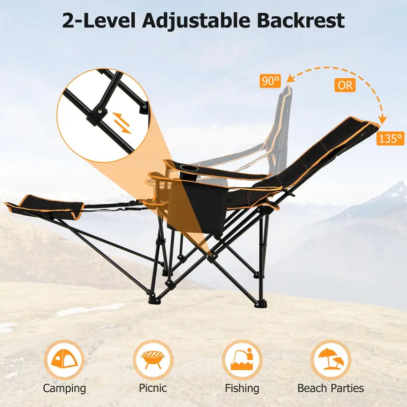 2-in-1 Reclining Camping Chair – Detachable Footrest, 5-Position Back Support & Built-In Cup Holder