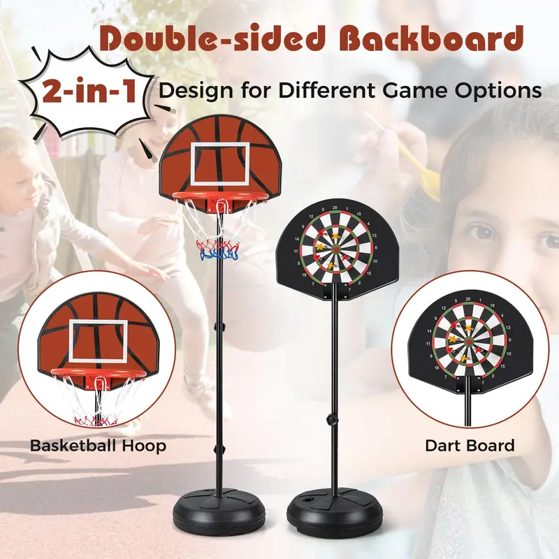 2-in-1 Toddler Basketball Hoop – Adjustable Goal with Integrated Dartboard and Fillable Base 2