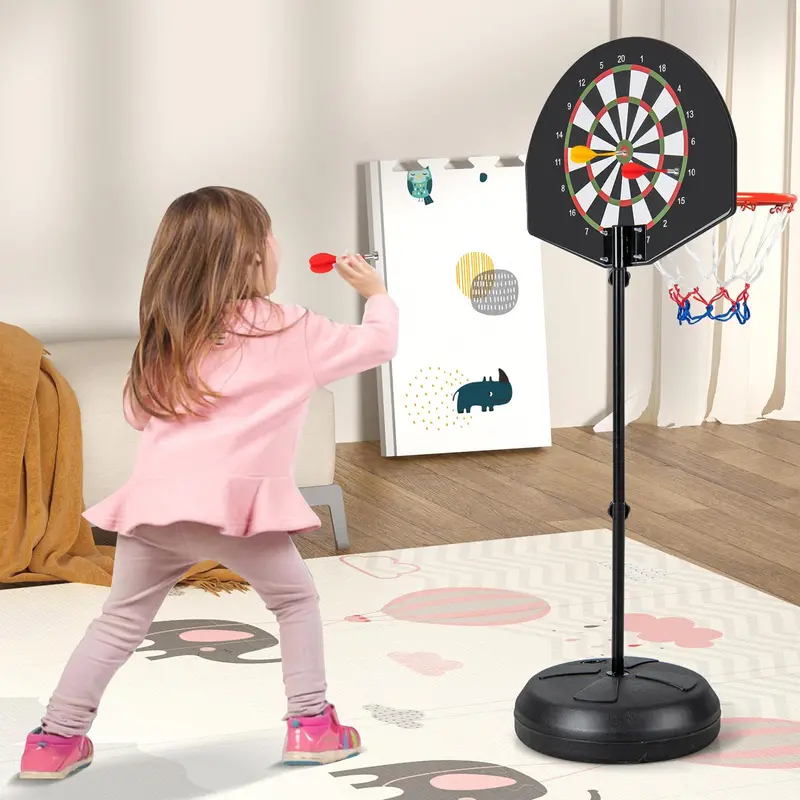 2-in-1 Toddler Basketball Hoop – Adjustable Goal with Integrated Dartboard and Fillable Base