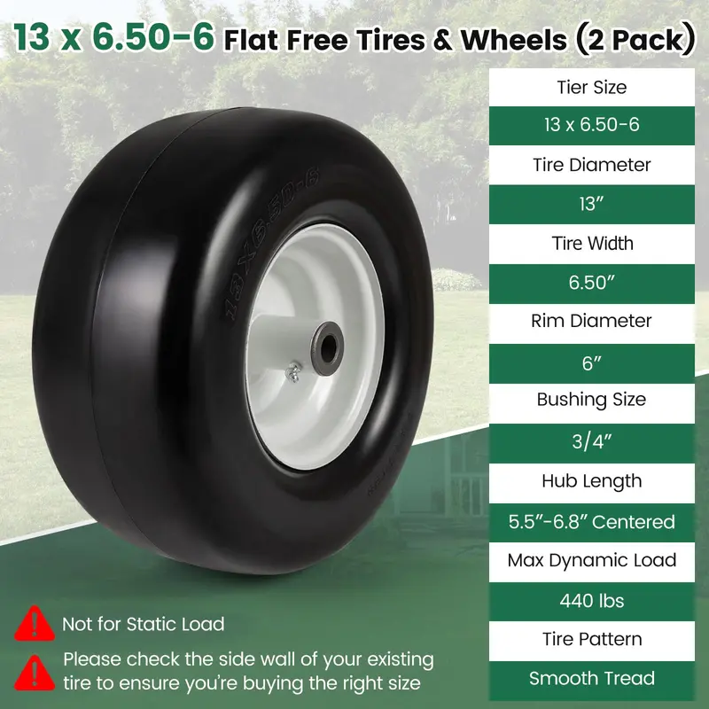 2-Pack 13 x 6.50-6 Flat-Free Tires & Wheels – Maintenance-Free Solid Rubber Design 2