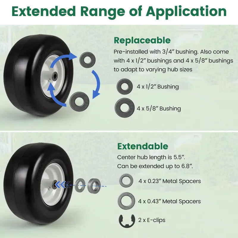 2-Pack 13 x 6.50-6 Flat-Free Tires & Wheels – Maintenance-Free Solid Rubber Design