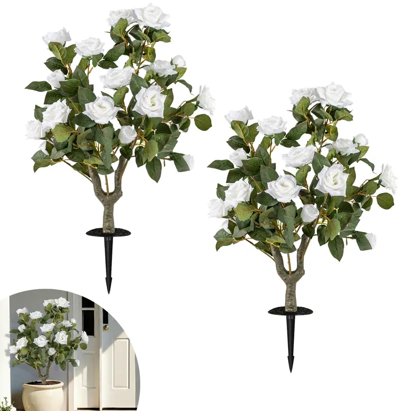 2-Pack Artificial Rose Flower Trees – 31.5-Inch Tall, Ground Spikes, 18 Blooms Each
