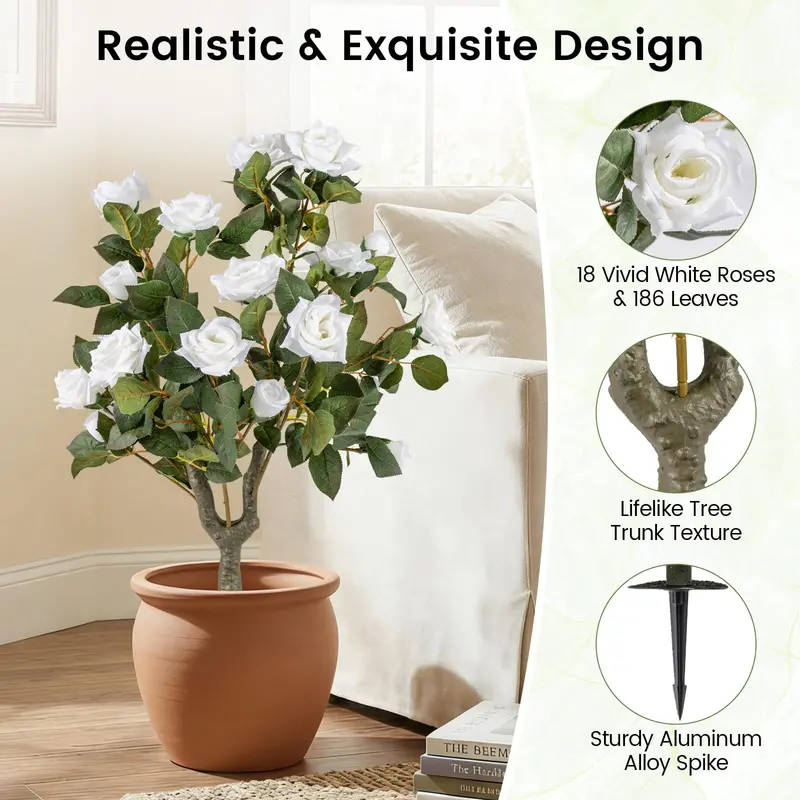 2-Pack Artificial Rose Flower Trees – 31.5-Inch Tall, Ground Spikes, 18 Blooms Each