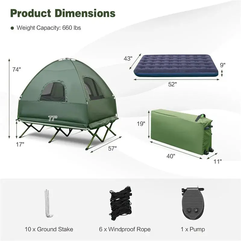 2-Person Portable Camping Tent Cot Combo with Inflatable Mattress and Sleeping Bag