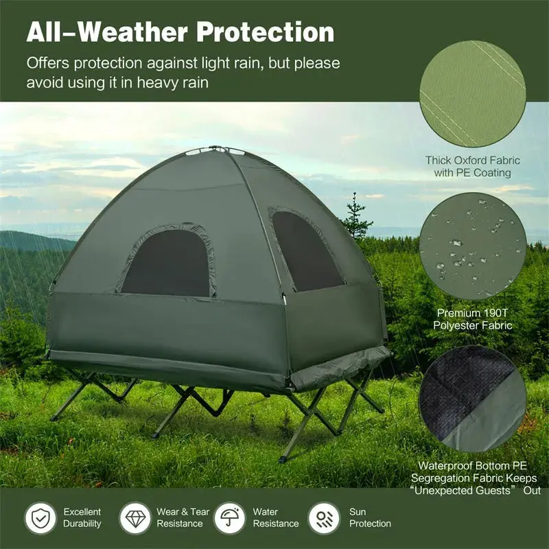 2-Person Portable Camping Tent Cot Combo with Inflatable Mattress and Sleeping Bag