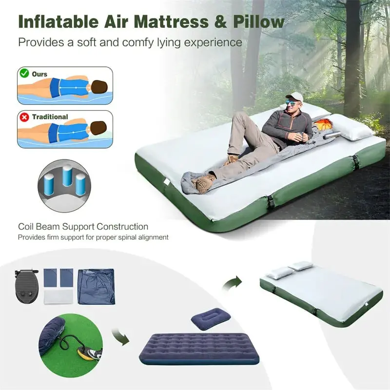 2-Person Portable Camping Tent Cot Combo with Inflatable Mattress and Sleeping Bag