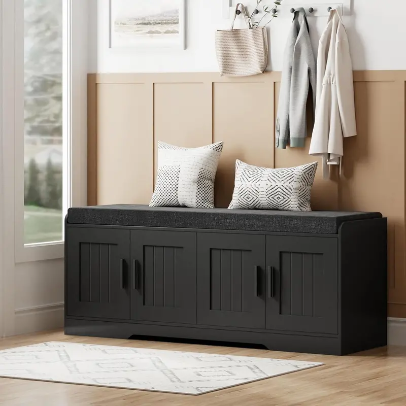 2-Tier Entryway Storage Bench — Shoe Organizer with Padded Seat, Four Doors & Adjustable Shelf 1
