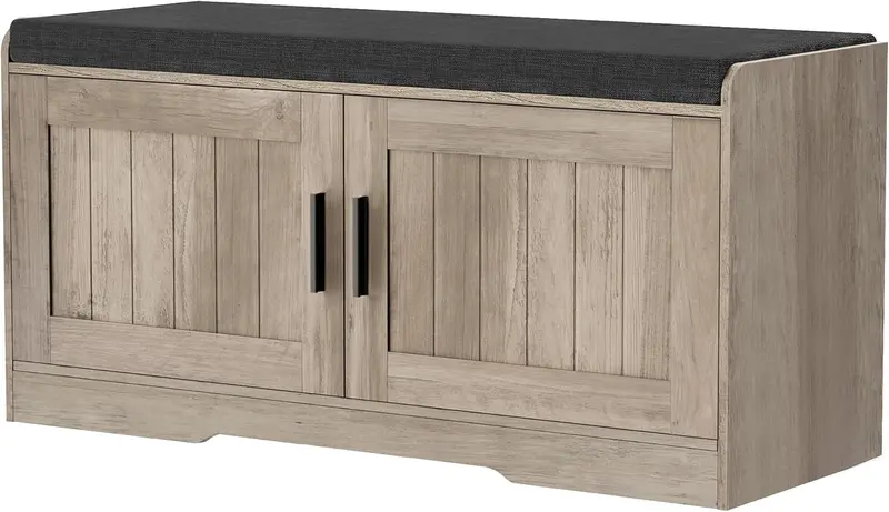 2-Tier Entryway Storage Bench — Shoe Organizer with Padded Seat, Four Doors & Adjustable Shelf