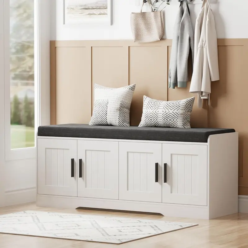 2-Tier Entryway Storage Bench — Shoe Organizer with Padded Seat, Four Doors & Adjustable Shelf