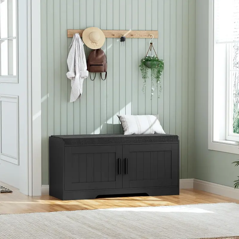 2-Tier Entryway Storage Bench — Shoe Organizer with Padded Seat, Four Doors & Adjustable Shelf