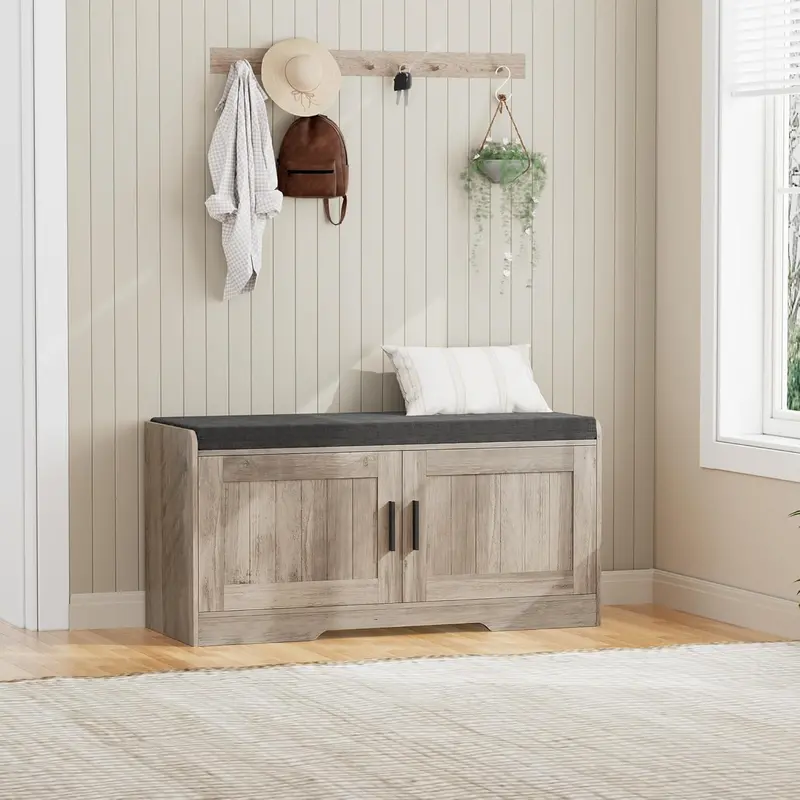 2-Tier Entryway Storage Bench — Shoe Organizer with Padded Seat, Four Doors & Adjustable Shelf