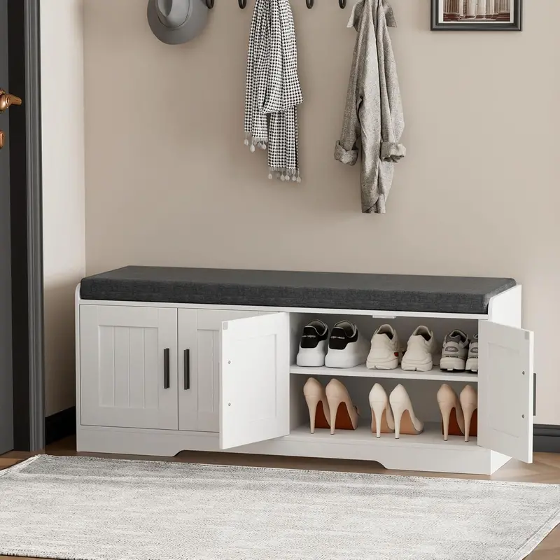 2-Tier Entryway Storage Bench — Shoe Organizer with Padded Seat, Four Doors & Adjustable Shelf