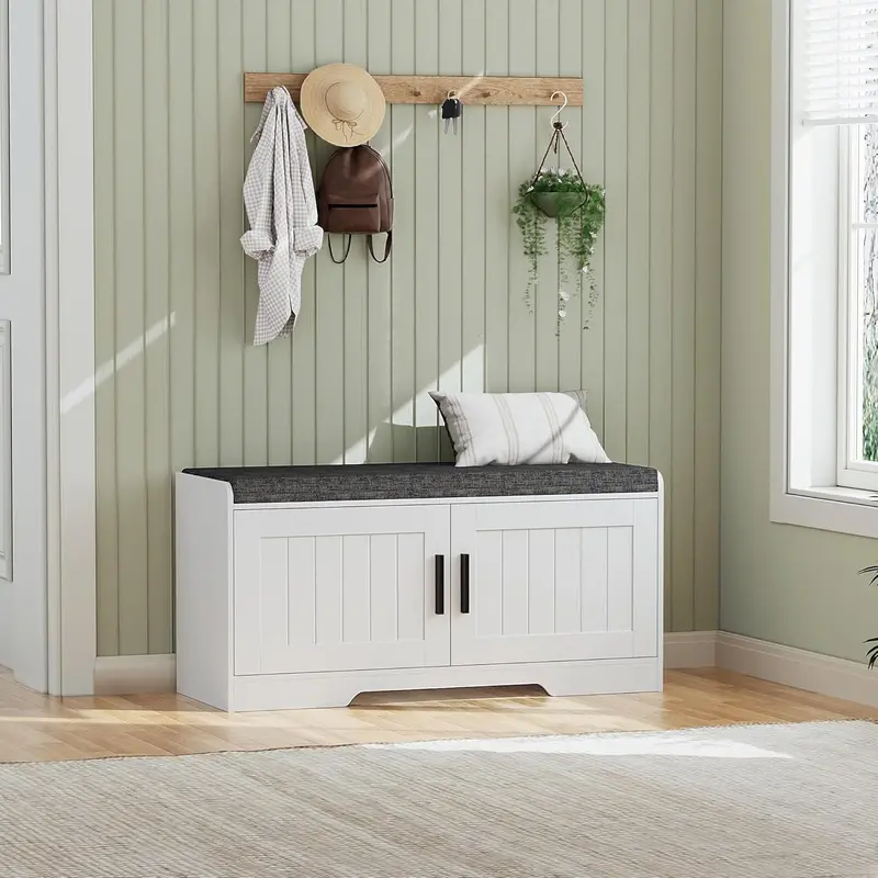 2-Tier Entryway Storage Bench — Shoe Organizer with Padded Seat, Four Doors & Adjustable Shelf
