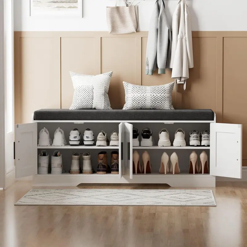 2-Tier Entryway Storage Bench — Shoe Organizer with Padded Seat, Four Doors & Adjustable Shelf