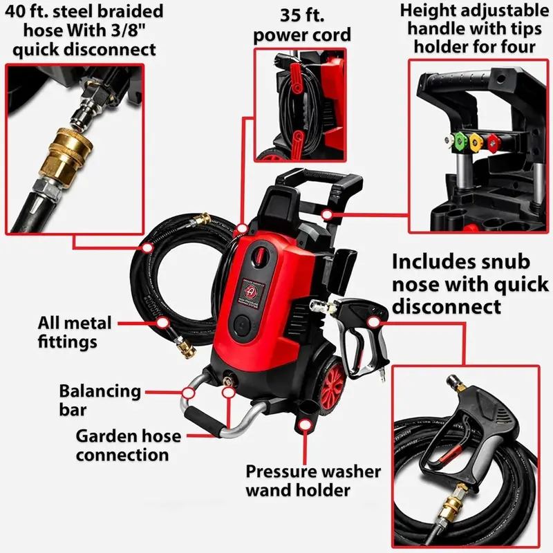 2000 PSI Electric Pressure Washer – 1.4 GPM Compact Car & Patio Cleaner with Snub Nose Nozzle, Detergent Tank, and Multi-Surface Attachments