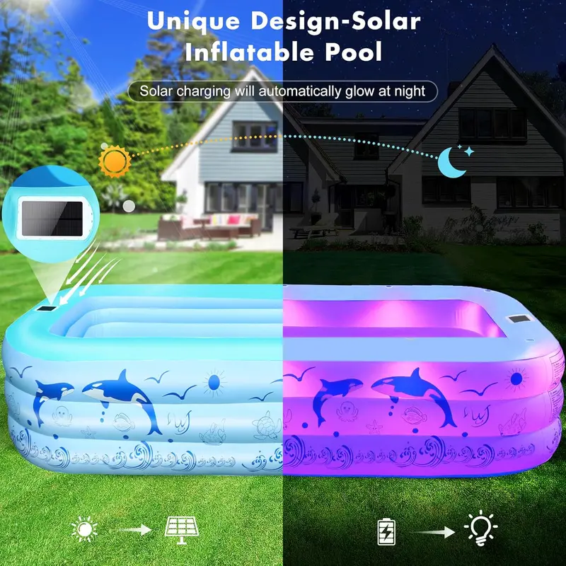 2026 Upgraded Solar-Powered Inflatable Pool – Lighted, Thickened Backyard Pool for Adults & Kids (Light Blue)