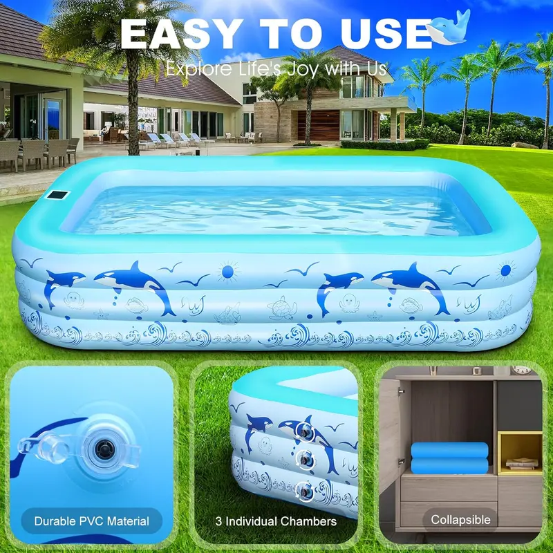 2026 Upgraded Solar-Powered Inflatable Pool – Lighted, Thickened Backyard Pool for Adults & Kids (Light Blue)