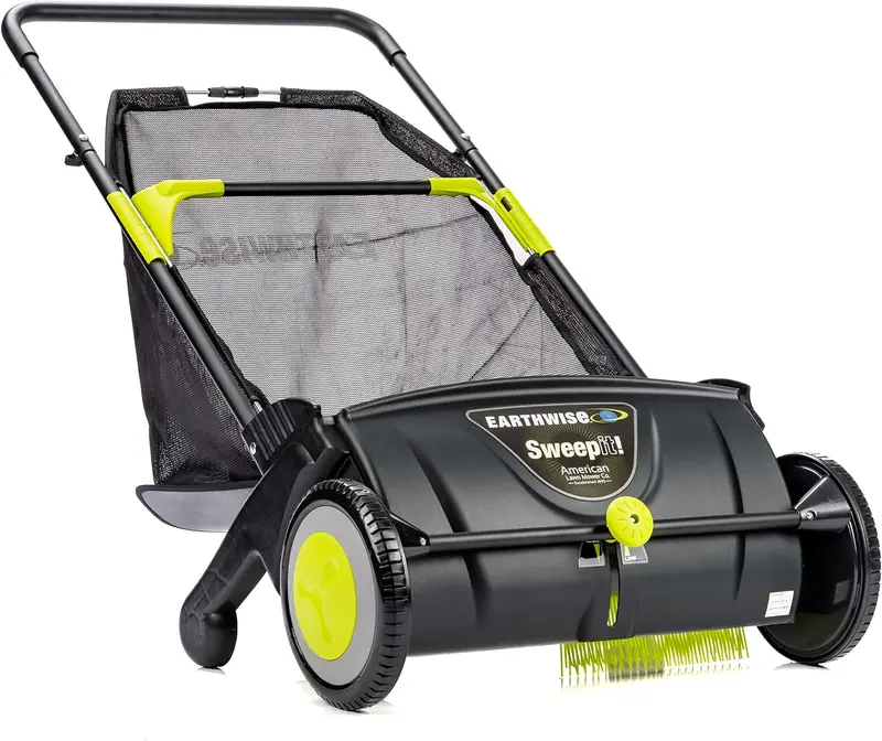 21-Inch Manual Push Lawn Sweeper for Leaves and Grass Clippings – Black
