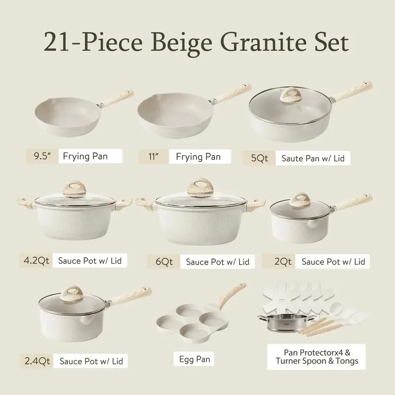 21-Piece Granite-Coated Nonstick Cookware Set – Induction-Compatible, Beige Finish