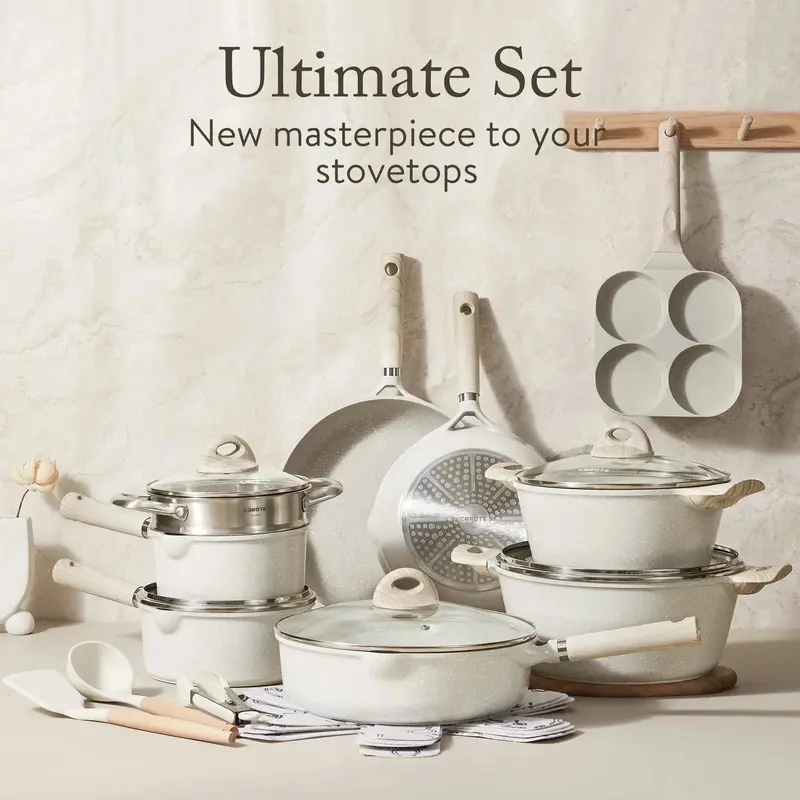21-Piece Granite-Coated Nonstick Cookware Set – Induction-Compatible, Beige Finish