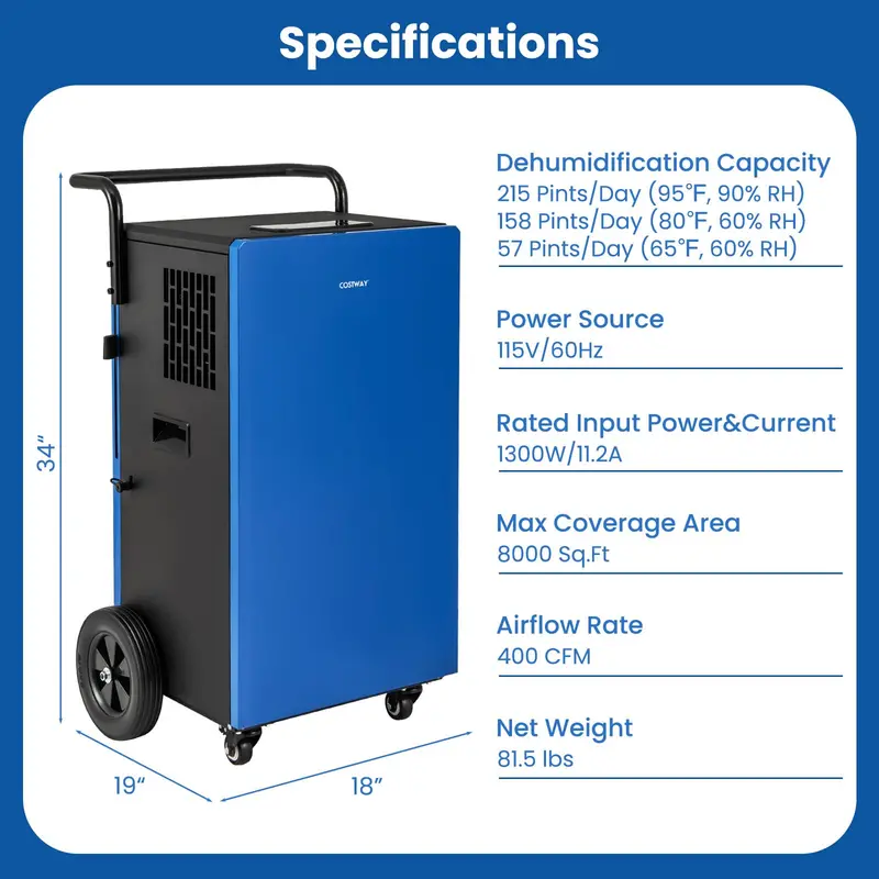 215-Pint Industrial Dehumidifier – Heavy-Duty Commercial Unit with Drain Hose & 24-Hour Timer