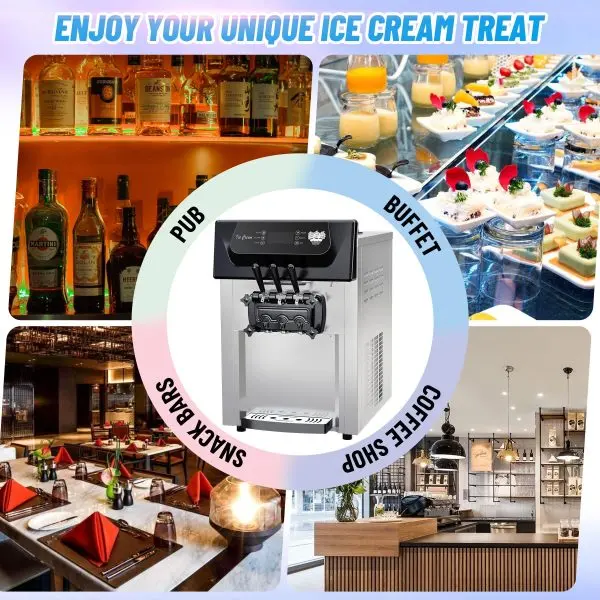 2200W Commercial Triple-Flavor Soft Serve Ice Cream Machine – 5.3–7.4 Gal/Hr Output, LCD Control & Auto-Clean