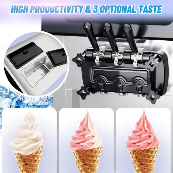 2200W Commercial Triple-Flavor Soft Serve Ice Cream Machine – 5.3–7.4 Gal/Hr Output, LCD Control & Auto-Clean