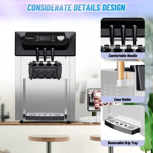 2200W Commercial Triple-Flavor Soft Serve Ice Cream Machine – 5.3–7.4 Gal/Hr Output, LCD Control & Auto-Clean