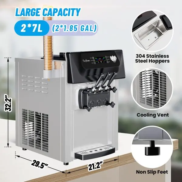 2200W Commercial Triple-Flavor Soft Serve Ice Cream Machine – 5.3–7.4 Gal/Hr Output, LCD Control & Auto-Clean