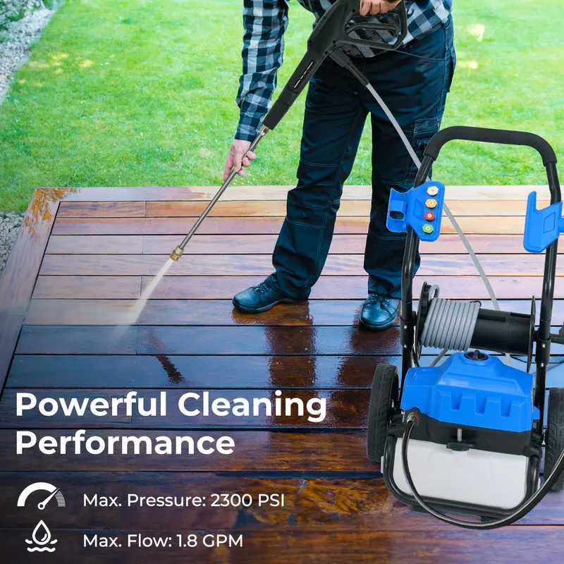 2300 PSI Electric Pressure Washer – 1.8 GPM Heavy-Duty Cleaner with 5 Quick-Connect Nozzles and Wheels