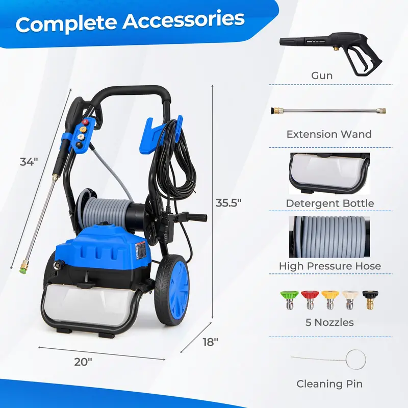 2300 PSI Electric Pressure Washer – 1.8 GPM Heavy-Duty Cleaner with 5 Quick-Connect Nozzles and Wheels