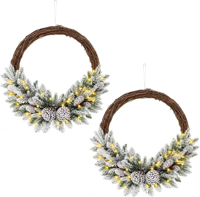 24 in Pre-Lit Snow-Flocked Christmas Wreath – Battery-Powered Holiday Wreath with 35 Warm White LED Lights