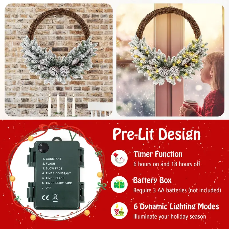 24 in Pre-Lit Snow-Flocked Christmas Wreath – Battery-Powered Holiday Wreath with 35 Warm White LED Lights