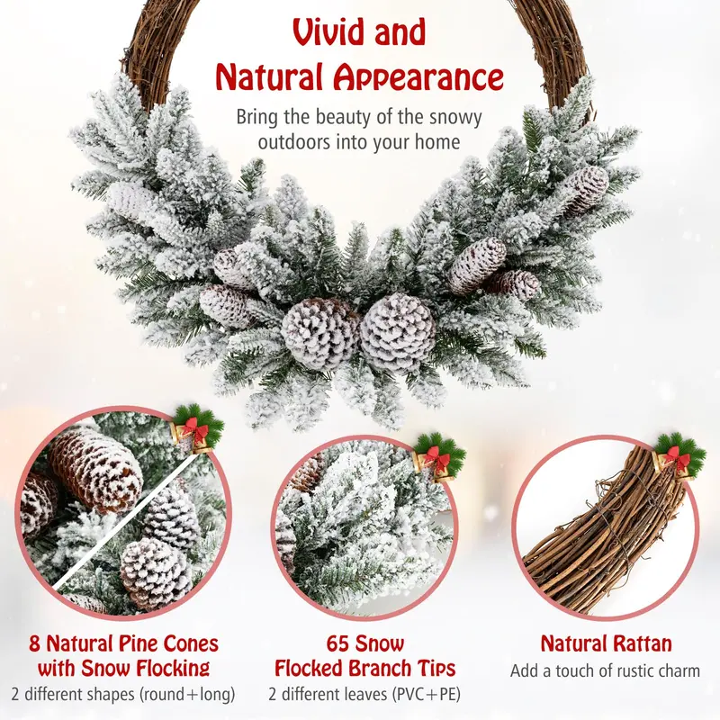 24 in Pre-Lit Snow-Flocked Christmas Wreath – Battery-Powered Holiday Wreath with 35 Warm White LED Lights