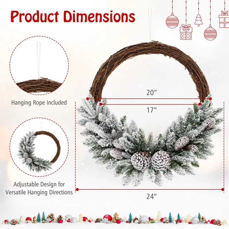 24 in Pre-Lit Snow-Flocked Christmas Wreath – Battery-Powered Holiday Wreath with 35 Warm White LED Lights