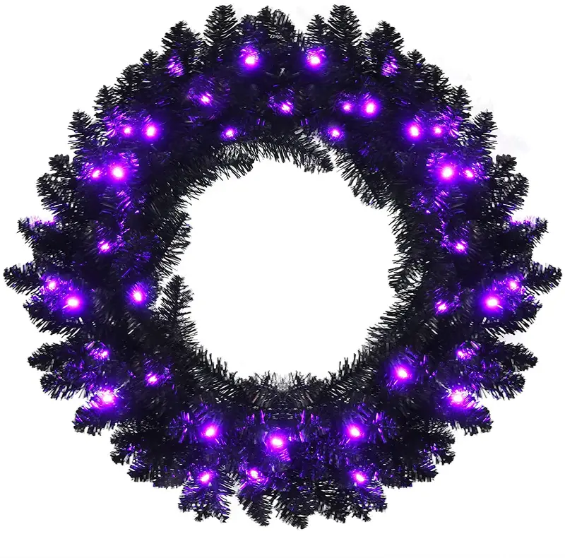 24-Inch Black Halloween Wreath – Pre-Lit Artificial Decor for Indoor or Outdoor Use