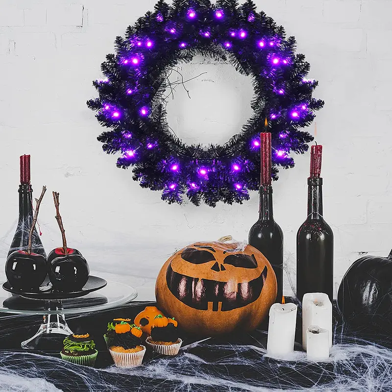 24-Inch Black Halloween Wreath – Pre-Lit Artificial Decor for Indoor or Outdoor Use 2