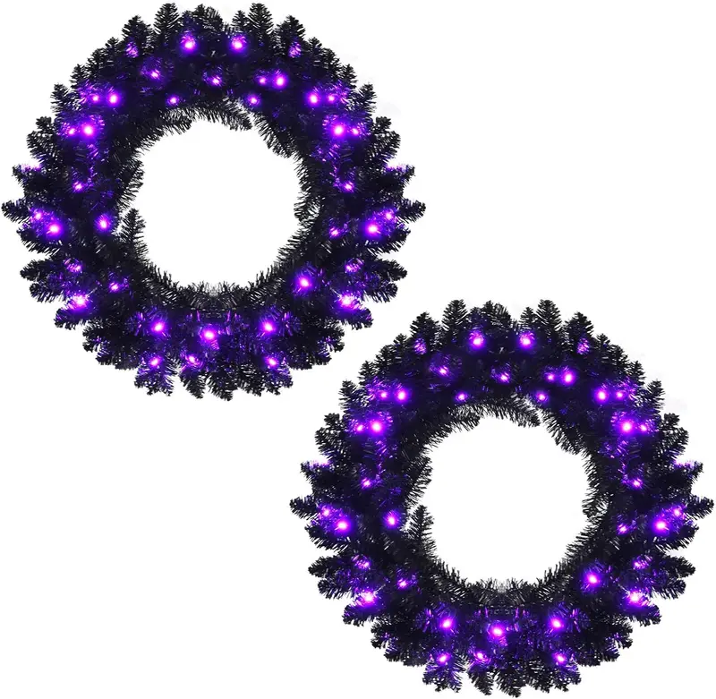24-Inch Black Halloween Wreath – Pre-Lit Artificial Decor for Indoor or Outdoor Use