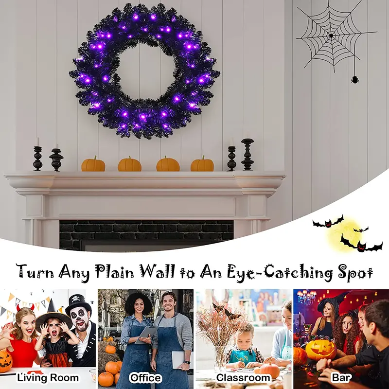 24-Inch Black Halloween Wreath – Pre-Lit Artificial Decor for Indoor or Outdoor Use