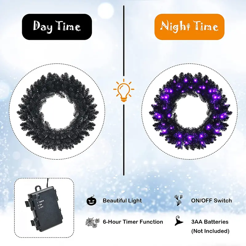 24-Inch Black Halloween Wreath – Pre-Lit Artificial Decor for Indoor or Outdoor Use