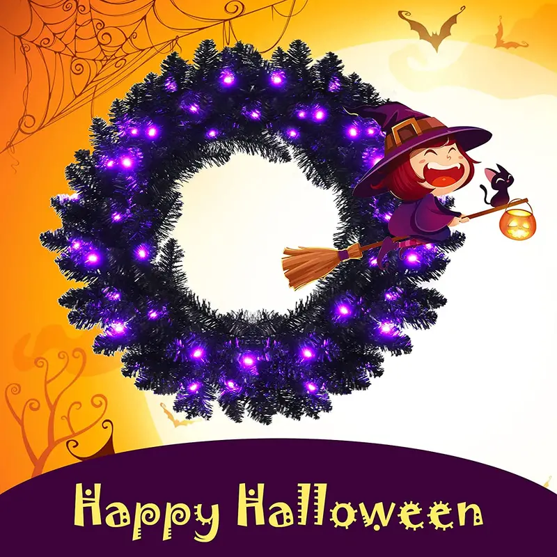 24-Inch Black Halloween Wreath – Pre-Lit Artificial Decor for Indoor or Outdoor Use
